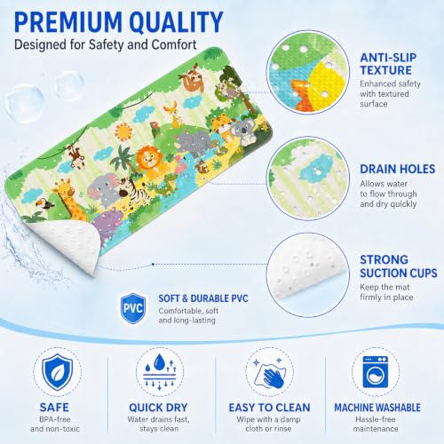 Cinrobiye Bath Mat for Tub Non Slip, 40 x 16 Inch Woodland Animal Cartoon Bathtub Shower Mat with Suction Cups and Drain Holes, Waterproof Machine Washable Bathroom Mat - color: Green