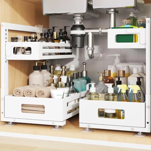 2 Pack 17IN-Depth Under Sink Organizer,Pull Out Cabinet Organizer With Smooth Cylindrical Rail,Metal Slide Out Drawer for Kitchen Bathroom Laundry,8-Level Tool Free Height Adjustable-White - color: White, size: 2 Pack-17"Dx9.5"-16.7"H