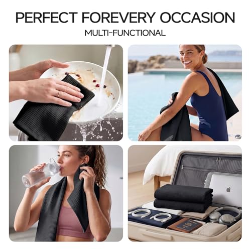 ecolook 6-Piece Waffle Weave Towel Set, 100% Cotton, Lightweight, Absorbent & Quick-Drying, 2 Bath Towels (31×63 in), 2 Hand Towels, 2 Washcloths, Lint-Free for Bathroom, Pool, Gym, Travel - Black - color: Black