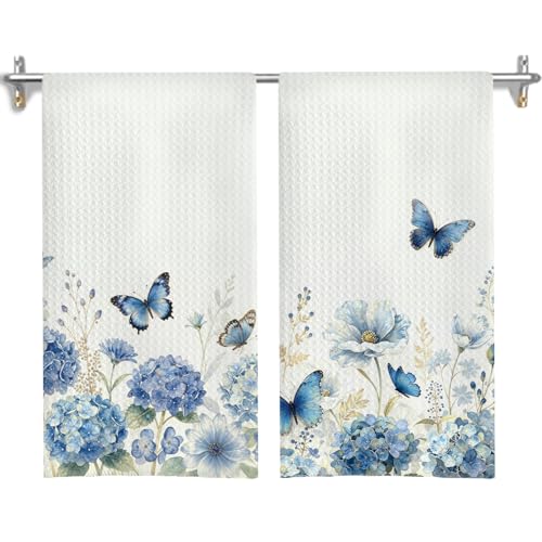 Blue and White Hydrangea Floral Butterfly Kitchen Towels, Chinoiserie Flower Dish Tea Towels for Kitchen Decor, Grandmillennial Hydrangea Flower Hand Towel for Bathroom, 16x24 Inches Set of 2 - color: Floral-r