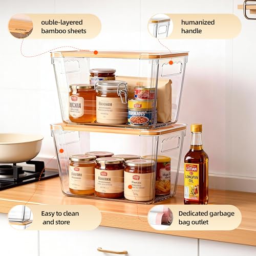 4 Pack Pantry Storage Containers for Onions, Potatoes and Trash Bags | Clear Design for Easy Access, Premium Bamboo Lid, Multi-Functional & Stackable Storage - size: 4 Pack