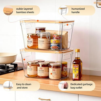 2 Pack Pantry Storage Containers for Onions, Potatoes and Trash Bags | Clear Design for Easy Access, Premium Bamboo Lid, Multi-Functional & Stackable Storage - size: 2 Pack
