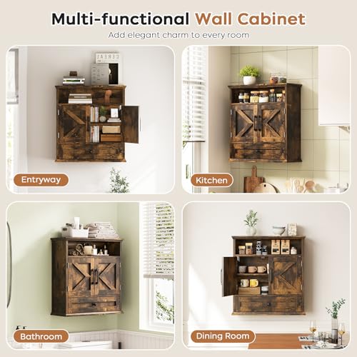 Bathroom Wall Cabinet, Wall Mounted Medicine Cabinet 24.4"H x 23.6"W x 9"D | With Drawer, Barn Doors & Adjustable Shelf, Rustic Brown Over Toilet Farmhouse Cabinet for Kitchen, Laundry Room, Entryway - color: Rustic Brown