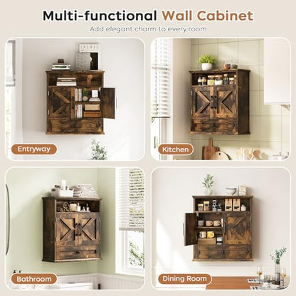 Bathroom Wall Cabinet, Wall Mounted Medicine Cabinet 24.4"H x 23.6"W x 9"D | With Drawer, Barn Doors & Adjustable Shelf, Rustic Brown Over Toilet Farmhouse Cabinet for Kitchen, Laundry Room, Entryway - color: Rustic Brown
