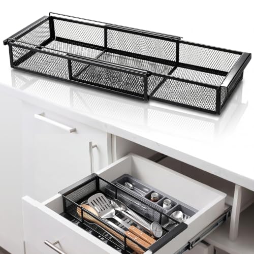 LemonRoad Expandable Metal Drawer Organizer Tray Adjustable Sliding Drawer Storage Box for Kitchen Utensils Deep Organizer for Silverware Towels BBQ Tools, 12.4" to 17.7" Length(Black) - color: Black