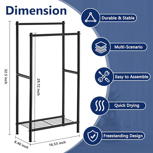 Free Standing Towel Rack, 2 Tier Towel Racks for Bathroom with Storage Shelves, Outdoor Standing Towel Drying Rack for Poolside, Black, DECLUTTR