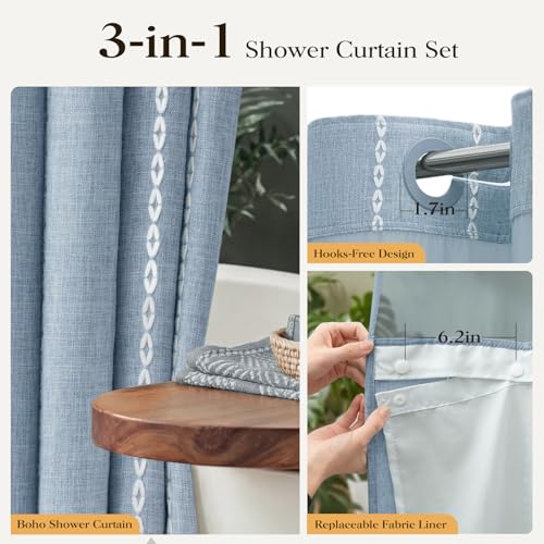 Blue Ringless Boho Striped Tassel Shower Curtain with Snap Liner 72x75 | Heavy Duty Linen Blend, 3 in 1 Shower Curtain Set, Farmhouse Style, Waterproof & Washable, Mesh Top Window, Easy to Install - color: Blue, size: 72"W x 75"L (Pack of 1)