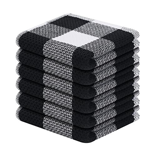 Homaxy 100% Cotton Check 6 Pack Dish Cloths, 12" x 12", White & Black | Waffle Weave, Plaid, Super Soft and Absorbent Dish Rags, Quick Drying, Multi-Purpose - color: White & Black, size: 12 x 12 - 6 Pack