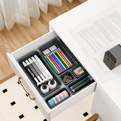 BYCY 38PCS Interlocking Desk Drawer Organizer Tray Divider Set, Plastic Black Desk Organizer Separator, Office Drawer Dividers Storage Bins for Office Bathroom Kitchen (38pcs 5Size) - size: 38pcs 5Size