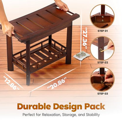 21" Teak Shower Bench for Inside – Luxury Spa-Style Comfort, FSC Certified Durable Teak Wood, Water-Resistant, Ergonomic Seat, Anti-Skid Stability and Enclosed Storage Shelf, 350 lbs Capacity