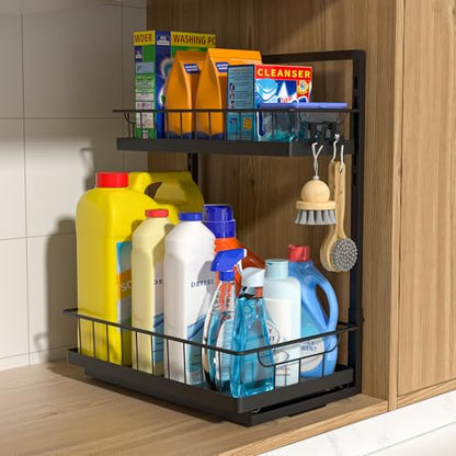 WOWBOX 1 Pack Under Sink Organizer 2 Tier Slide Out Cabinet Organizer | Slide Out Drawer, Under Sink Organizers and Storage, Metal Organizing Rack for Kitchen, Bathroom, Pantry