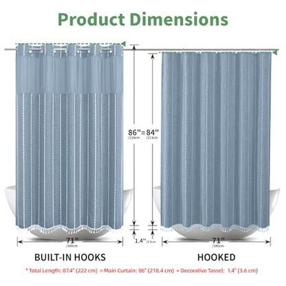 eachope No Hook Extra Long Shower Curtain Set with Snap-in Liner,Linen Textured Thick Striped Fabric with Tassels,Boho Chic Modern Farmhouse Bathroom Curtain,Water-Repellent,Blue,71x86 | 230GSM Thick Fabric,Hotel Luxury Decor,Mesh Top Window,Magnetic Weig