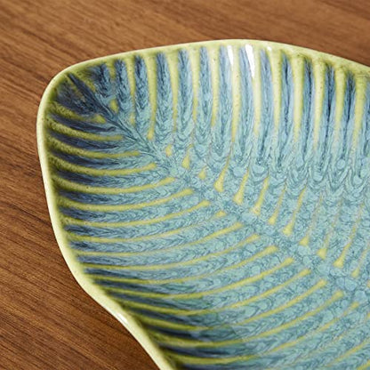 11" Green Ceramic Leaf Decorative Tray, Reactive Glaze Stoneware | Decorative Bowl, Handcrafted, Leaf-Shaped, For Entryway Table, Room Décor