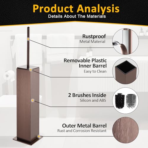 Toilet Brush and Holder Floor Standing, Brushed Rose Gold with 2 Replaceable Heads,Freestanding Toilet Bowl Brush with Removable Liner and Splash Guard, Modern Square Design - color: Rose Gold-standing