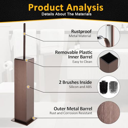Toilet Brush and Holder Floor Standing, Brushed Rose Gold with 2 Replaceable Heads,Freestanding Toilet Bowl Brush with Removable Liner and Splash Guard, Modern Square Design - color: Rose Gold-standing