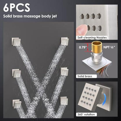 Enga Shower System With Spa Body Jets, 20 Inch LED Waterfall Atomizing Horizontal Square Ceiling Shower Head with Remote Control, Thermostatic Shower Faucet Set Flow Can Be Controlled Brushed Nickel - color: Brushed Nickel, style: 20" Head (Rain + Mist+Wa