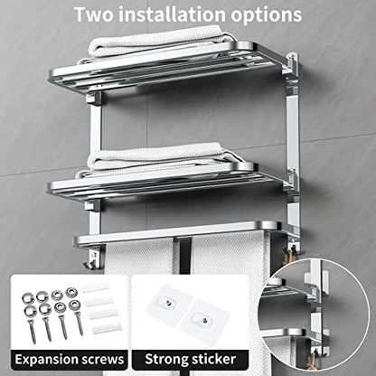 CAXIMSY 22.8Inch Towel Rack for Bathroom and Lavatory Towel Hanger with Wall Mount Towel Bars 304 Stainless Steel No Drill (Collapsible Towel Rack) - color: Collapsible Towel Rack With Double Shelves