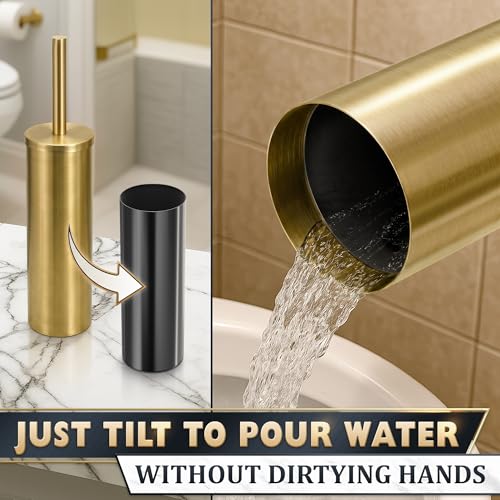 Stainless Steel Toilet Brush and Holder Set, Splash Guard (Gold) | Toilet Bowl Brush and Holder, Removable Inner Bowl, Dense Bristles, Long Handle, Scratch Resistant, for Modern Bathrooms - color: Gold