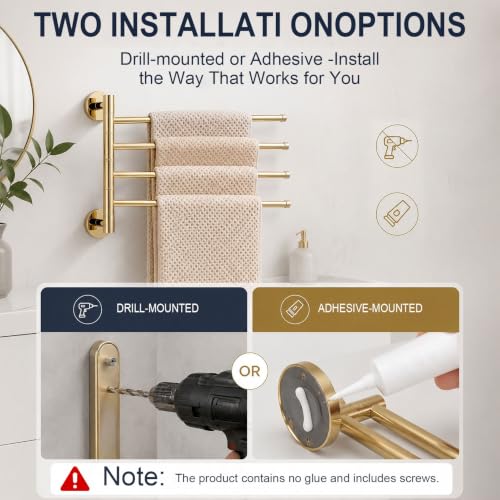 Solid Brass Swivel Towel Bar, Brushed Gold Bathroom Towel Rack, No Drill Adhesive Wall Mounted Rail Hanger, Space Saving Multi Arm Holder for Kitchen Restroom(Gold,23cm) - color: Gold, size: 23cm
