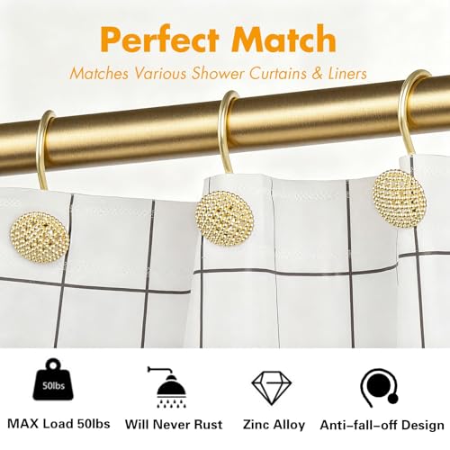 Pearlbee Gold Shower Curtain Hooks, 12Pcs Rustproof Heavy Duty Zinc Alloy | Round beaded design, 4mm zinc alloy, rustproof, anti-drop, smooth glide, easy install, Modern Decorative, matte gold - color: Gold