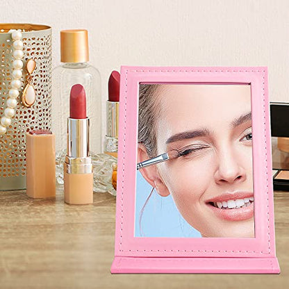 Foldable Travel Desk Mirror, Pink | HD Vanity Mirror with Adjustable 90°/145° Stand,Slim Leather-Covered - color: Pink