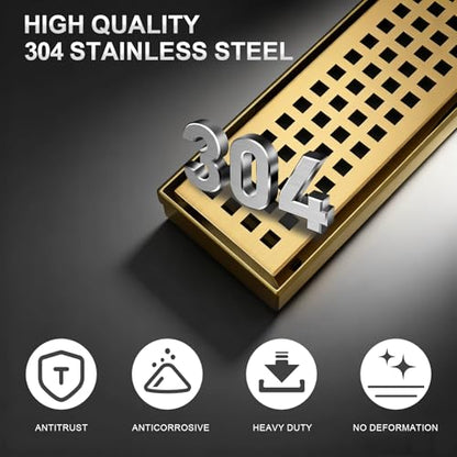 Linear Shower Drain - 36 Inch Brushed Gold, with Grate Removable | AISI 304 Stainless Steel Shower Drain with Adjustable Feet, Hair Catcher, Rectangle Shower Floor Drain Fits Bathroom, Balcony - color: Brushed Gold, size: 36 Inch