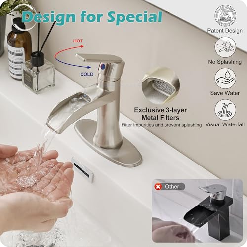 Bathroom Waterfall Faucet Single Handle, Brushed Nickel Faucet Bathroom Brass 1 Hole or 4 Inch 3 Hole Bathroom Sink Faucet, Restroom Faucets for Sink with Drain & Deck Plate for Hotel Apartment - color: Brushed Nickel - Modern
