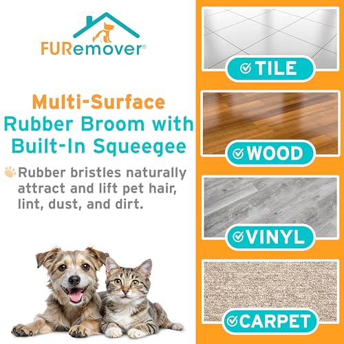 FURemover Pet Hair Removal Rubber Broom, 61" Telescopic Handle | Multi-Surface Rubber Broom with Built in Squeegee Edge, Sweeps up Fur, Hair, and Debris on Tile, Wood, Vinyl, and Carpet - size: 61" Telescopic Handle