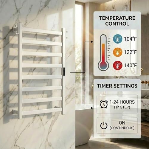EA15 Series Heated Towel Rack, 8 Bar, Silver | Dual Hooks, Built-in Thermo Control and Timer, Memory Function, Smart Plug Compatible - color: Silver, size: 8 Bar