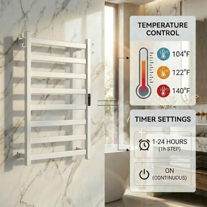 EA15 Series Heated Towel Rack, 8 Bar, Silver | Dual Hooks, Built-in Thermo Control and Timer, Memory Function, Smart Plug Compatible - color: Silver, size: 8 Bar