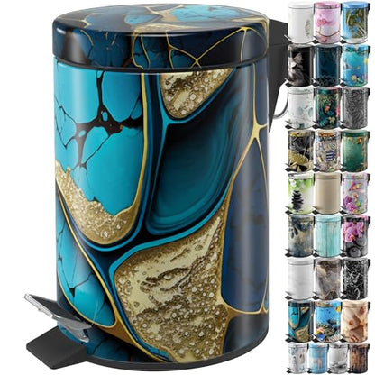 Sanilo Small Bathroom Trash Can with Lid [1.3 Gallon] - Lidded Tiny Trashcan for Garbage - Mini Metal Bin with Soft Closing Mechanism - Bath Room Accessoire Wastebin with Inner Bucket (Marble Cobalt) - color: Marble Cobalt