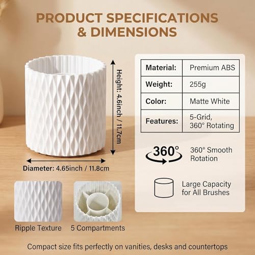 VASANA White Plastic Makeup Brush Holder Organizer 5 Slots 360 Rotating Makeup Brushes Container Round Spinning Cosmetic Storage Cup Desk Bathroom Vanity Beauty Tool for Lipsticks Eyebrow Pencils