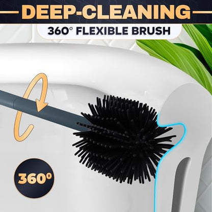 Toilet Brush and Holder, Silicone and Plastic (Grey) | Toilet Brush and Plunger Set, Easy to Place and Simple to Store After Use, Compact Bath Accessory for Small Spaces - color: Gray