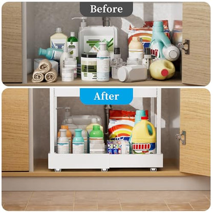 NEWMATIC Adjustable Under Sink Organizer Pull Out Drawers, 2-Tier Slide Out Cabinet Storage Shelf for Kitchen Sink, Height & Width Extendable White, 15''D x 13''-20.5''W x 15''H(1Pack)