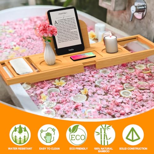 Banlilu Bathtub Tray - Bath Tray Expandable - Bath Tub Tray Table for Bathtub, Ajustable Size, Fits Most Tubs - color: Natural Bamboo Wood