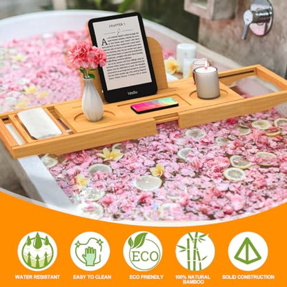 Banlilu Bathtub Tray - Bath Tray Expandable - Bath Tub Tray Table for Bathtub, Ajustable Size, Fits Most Tubs - color: Natural Bamboo Wood