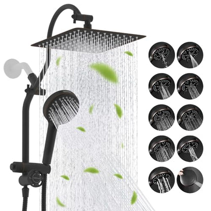 Hibbent High Pressue All Metal 10" Rainfall Shower Head, Handheld 10-Spray | cUPC Certified Oil-Rubbed Bronze Dual Showerhead Combo, 4-way Diverter with Pause Mode, Extension Arm, 71'' Hose & Holder - color: Oil Rubbed Bronze, style: Square 10"