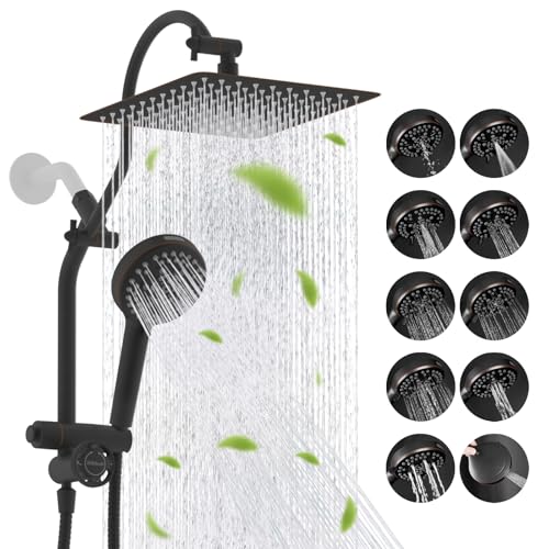 Hibbent High Pressue All Metal 10" Rainfall Shower Head, Handheld 10-Spray | cUPC Certified Oil-Rubbed Bronze Dual Showerhead Combo, 4-way Diverter with Pause Mode, Extension Arm, 71'' Hose & Holder - color: Oil Rubbed Bronze, style: Square 10"