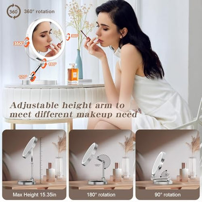 Tabletop Makeup Mirror with Built-in Vanity Tray, 9" Rechargeable 4000mAh Lighted Vanity Mirror 1X/10X Magnification, Height-Adjustable Arm, 3 Color Dimmable (9Inch Chrome) - color: 9inch Chrome