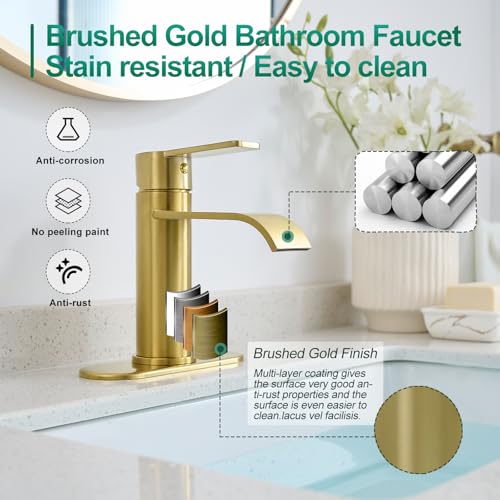 VOTON Waterfall Bathroom Faucet Brushed Gold, Single Handle 1 or 3 Hole Modern Sink Faucet with Deck Plate & Pop-Up Drain, RV Camper Vanity Washbasin Tap - color: Brushed Gold