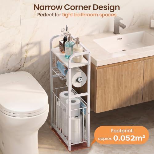 Freestanding Toilet Paper Holder Stand with Storage forSmall Bathroom Space | Holds 9 Spare Rolls, Phone, Wipes & Magazines –Large Capacity Toilet Paper Stand – Toilet Roll Dispenser and Organizer - color: White