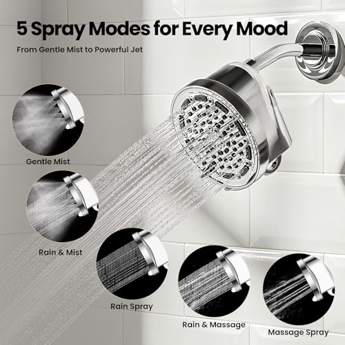 JOMOO 6 inch Rain Shower Head with Filter, High Pressure 5-Spray Mode Fixed Showerhead with Replaceable Filter Cartridge for Hard Water Remove Chlorine, Water Saving Bathroom Rainfall Shower Head