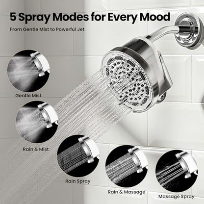 JOMOO 6 inch Rain Shower Head with Filter, High Pressure 5-Spray Mode Fixed Showerhead with Replaceable Filter Cartridge for Hard Water Remove Chlorine, Water Saving Bathroom Rainfall Shower Head