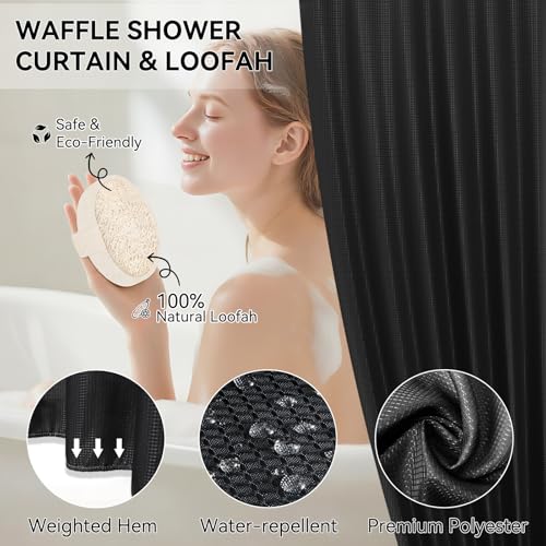 Black Bathroom Sets, Black Bathroom Accessories Set with Shower Curtain and No-Slip Bath Rugs, Natural Loofah Sponge, Soap Dispenser, Toothbrush Holder, Bathroom Tumbler and Tray for Bathroom - size: Bath Set+Shower Curtain+Bath Rugs+2PCS Loofah, style: B