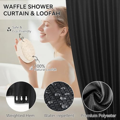 Black Bathroom Sets, Black Bathroom Accessories Set with Shower Curtain and No-Slip Bath Rugs, Natural Loofah Sponge, Soap Dispenser, Toothbrush Holder, Bathroom Tumbler and Tray for Bathroom - size: Bath Set+Shower Curtain+Bath Rugs+2PCS Loofah, style: B