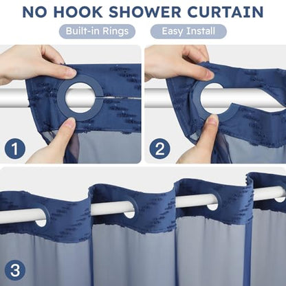 FADOTY Blue No Hook Shower Curtain Set with Snap in Liner, 71'' x 74'' | Bathroom Hotel Fabric Curtain, Waterproof Washable Liner, See Through Top Window, Ringless Chevron Tufted Cloth Curtain - color: Blue, size: 71"W x 74"L (Pack of 1)