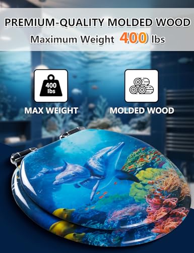 Angol Shiold ROUND Soft Close Wood Toilet Seat Blue Ocean Dolphins16.5Inch | Heavy Duty Quiet and Slow Close Lid and Seat, Quick Release Easy Installation & Clean (Blue Ocean Dolphins) - size: Round -16.5"