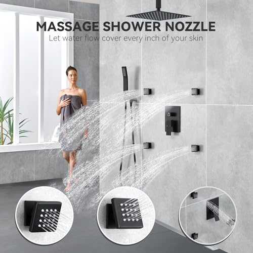 Rain Shower System With Complete 4 Pcs Body Sprays Jets And Pressured Balance Rough-in Valve,12Inch Rainfall Shower Head And Handheld, Modern Matte Black Ceiling Mount Shower Faucets Sets - color: Matte Black, style: Ceiling-Mount 4 Jets