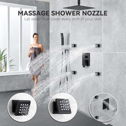 Rain Shower System With Complete 4 Pcs Body Sprays Jets And Pressured Balance Rough-in Valve,12Inch Rainfall Shower Head And Handheld, Modern Matte Black Ceiling Mount Shower Faucets Sets - color: Matte Black, style: Ceiling-Mount 4 Jets