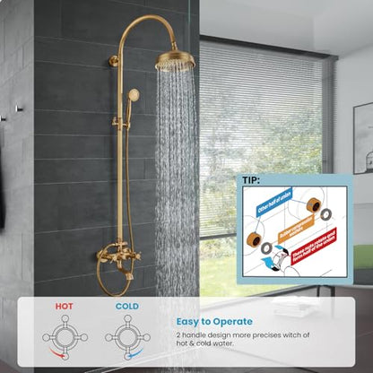 gotonovo Exposed Shower Faucet Set with Tub Spout Antique Brass | Brass Bathroom Shower System,8 Inch Rainfall Head with Handheld Spray and Tub Filler,Adjustable Height,6’’ Hole Distance - color: Antique Gold